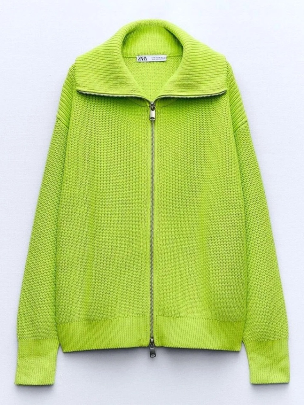 ZARA LIME HIGH NECK ZIP-UP KNIT JACKET CARDIGAN SIZE L - Picture 3 of 7